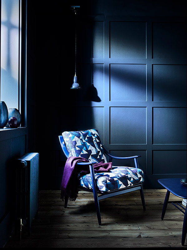 ercol Marino chair in indigo finish and Flock Kiso fabric