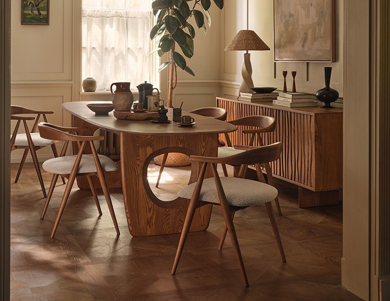 Highmoor large extending dining table in OG, Lugo dining chairs, and Assendon large sideboard in OG