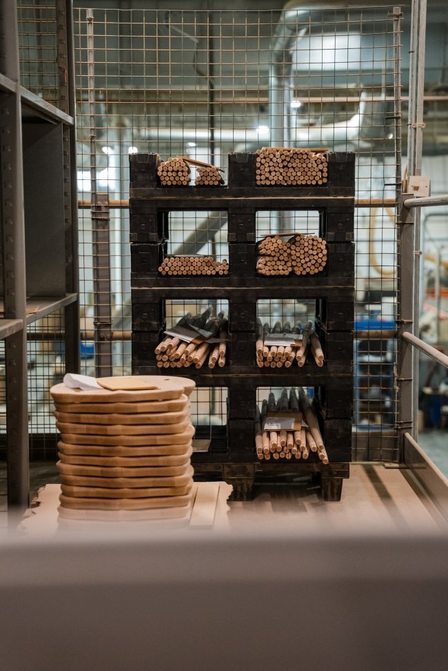 Piles of wooden chair parts in the ercol factory