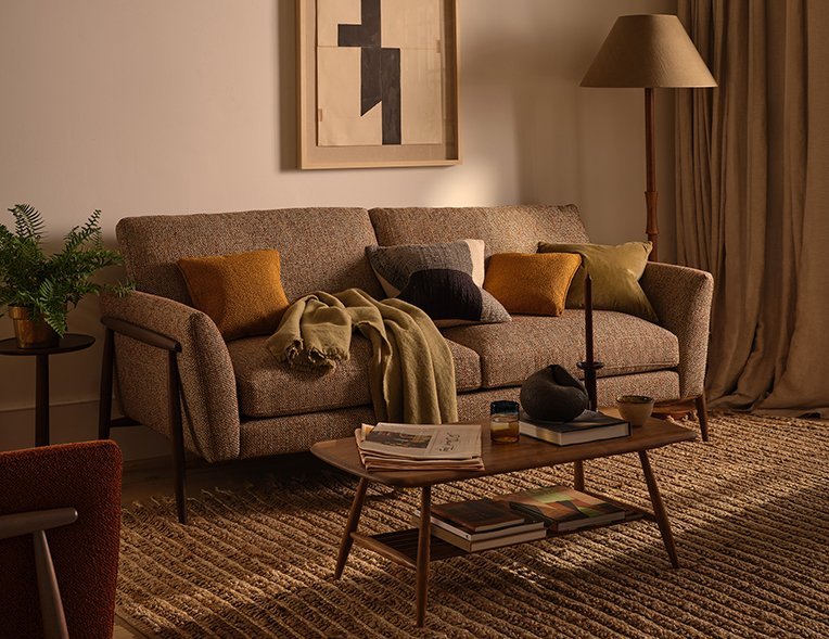 Forli Large Sofa in DK and U028 and the ercol collection coffee table in BKOG