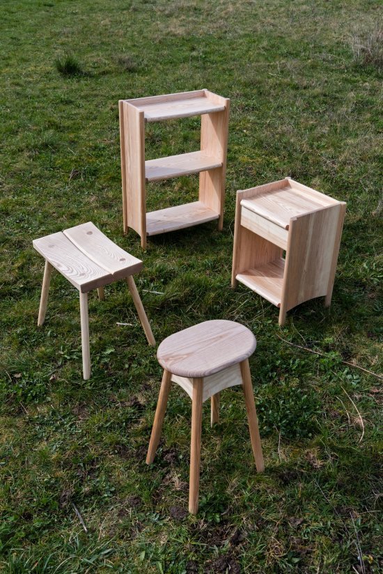 The Bookshelf, Bedside Cabinet, Curved Stool and Side Table