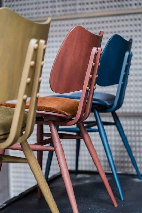 Butterfly chairs in our most recent, vibrant stains; Moss Green, Burnt Umber and Ink Blue